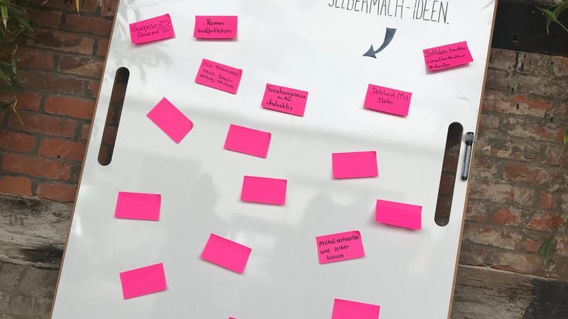 BigBoard Whiteboard mit Post-its an eine Wand gelehnt.